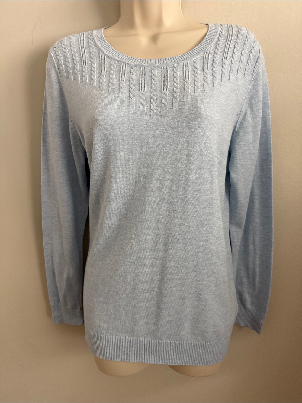 Talbots Light Blue Cable-Yoke Crewneck Sweater